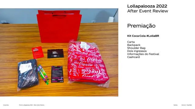 Premiação: o kit Coca-Cola #LollaBR com carta, backpack, shoulder bag, ingressos e cashcard