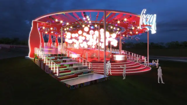 The Coca-Cola Real Magic Arena: a arena ao entardecer, vista de frente