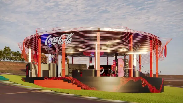 O espaço Coke Studio: Lateral com a escadaria de acesso e o letreiro Coca-Cola, ao entardecer
