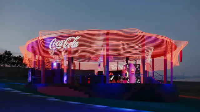 O espaço Coke Studio: Lateral com a escadaria de acesso, à noite