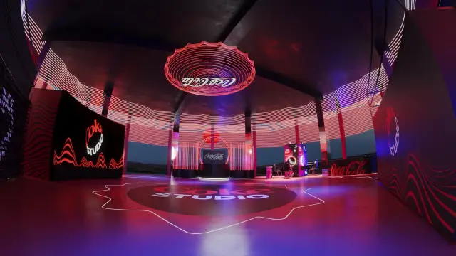 O espaço Coke Studio: Interior: a pista circular sob o anel de luz, à noite
