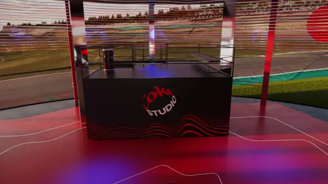 O espaço Coke Studio: Balcão Coke Studio com vista para o festival, ao entardecer