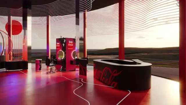 O espaço Coke Studio: Bar oval Coca-Cola e salão Coca-Cola Creations ao fundo, ao entardecer