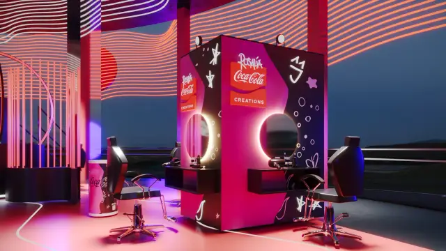 O salão Transformação by Coke Creations, com cadeiras, espelhos e a identidade rosa e preta