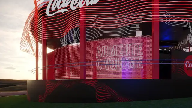 O espaço Coke Studio: Painel Aumente o Volume com o contorno da garrafa, ao entardecer