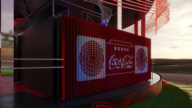 O espaço Coke Studio: Painel boombox (caixa de som gigante) na face externa, ao entardecer