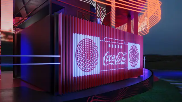 O espaço Coke Studio: Painel boombox (caixa de som gigante) aceso, à noite
