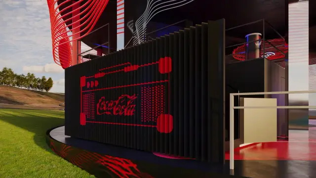 O espaço Coke Studio: Painel boombox na outra face da arena, de dia
