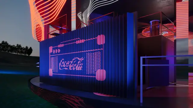 O espaço Coke Studio: Painel boombox na outra face da arena, à noite