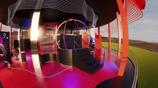 O espaço Coke Studio: Escadaria para o mezanino, ao entardecer