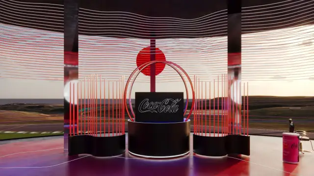 O espaço Coke Studio: Cabine do DJ no arco de hastes vermelhas, ao entardecer