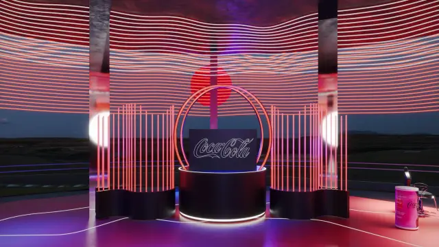 O espaço Coke Studio: Cabine do DJ no arco de hastes vermelhas, à noite