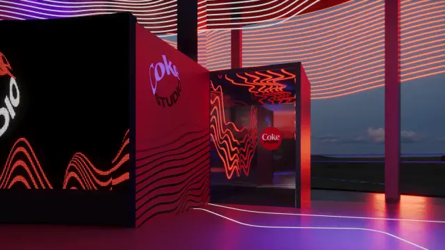 O espaço Coke Studio: Cabine espelhada de foto e vídeo, à noite