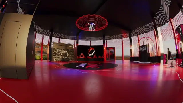 O espaço Coke Studio: Visão geral do interior, ao entardecer