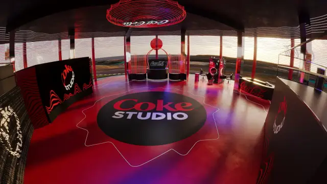 O espaço Coke Studio: A pista vista de cima, com o anel de luz, ao entardecer