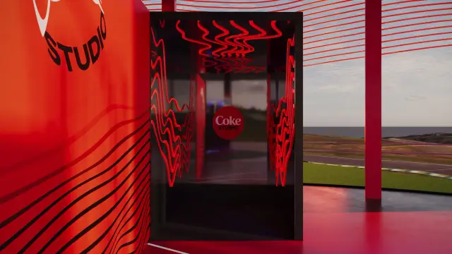 O espaço Coke Studio: Photo opp (cenário de foto) com ondas em neon, ao entardecer