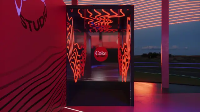 O espaço Coke Studio: Photo opp (cenário de foto) com ondas em neon, à noite