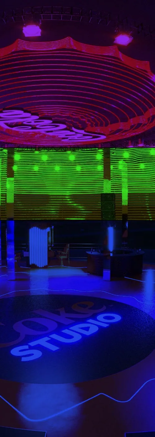 Central Stage (palco central): variação de luz em verde e azul