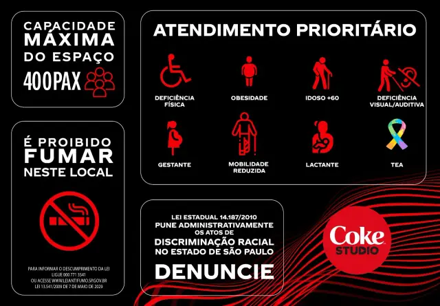 Placa A3: avisos obrigatórios e capacidade de 400 pessoas