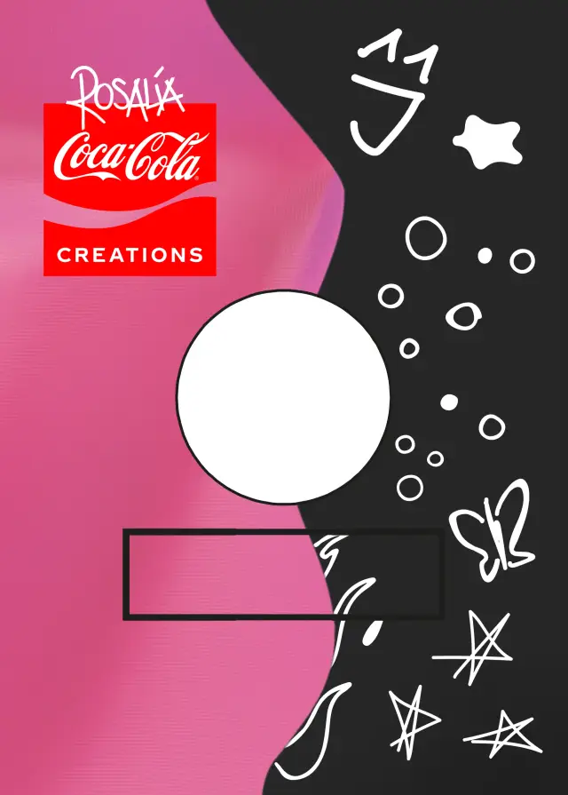 Salão Coca-Cola Creations: logo em caixa de luz, Rosalía, boca e três estrelas em neon