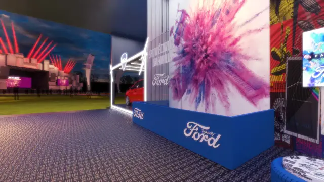 Cenografia e espaços Ford: a fachada com as luzes do festival ao fundo