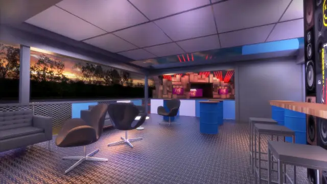 Cenografia e espaços Ford: o lounge do andar superior, com poltronas