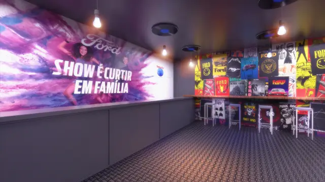 Cenografia e espaços Ford: o lounge com a parede de cartazes