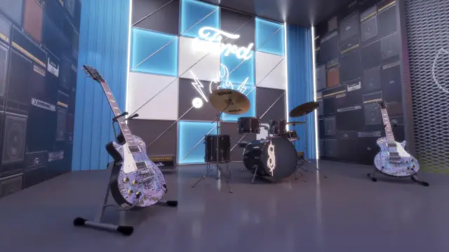 Cenografia e espaços Ford: detalhe do palco, com guitarras e bateria