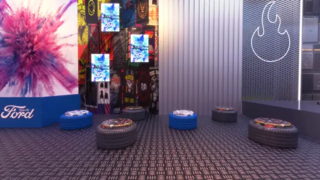 Cenografia e espaços Ford: o lounge do térreo, com painel de cartazes