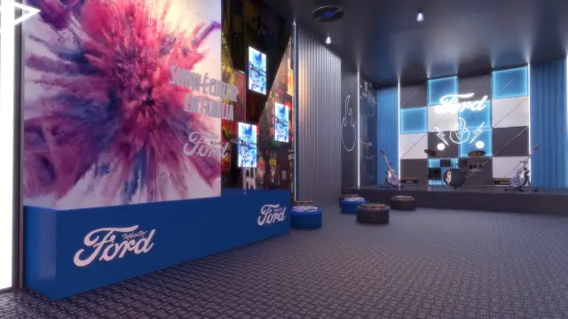 Cenografia e espaços Ford: o térreo com palco, instrumentos e área de público