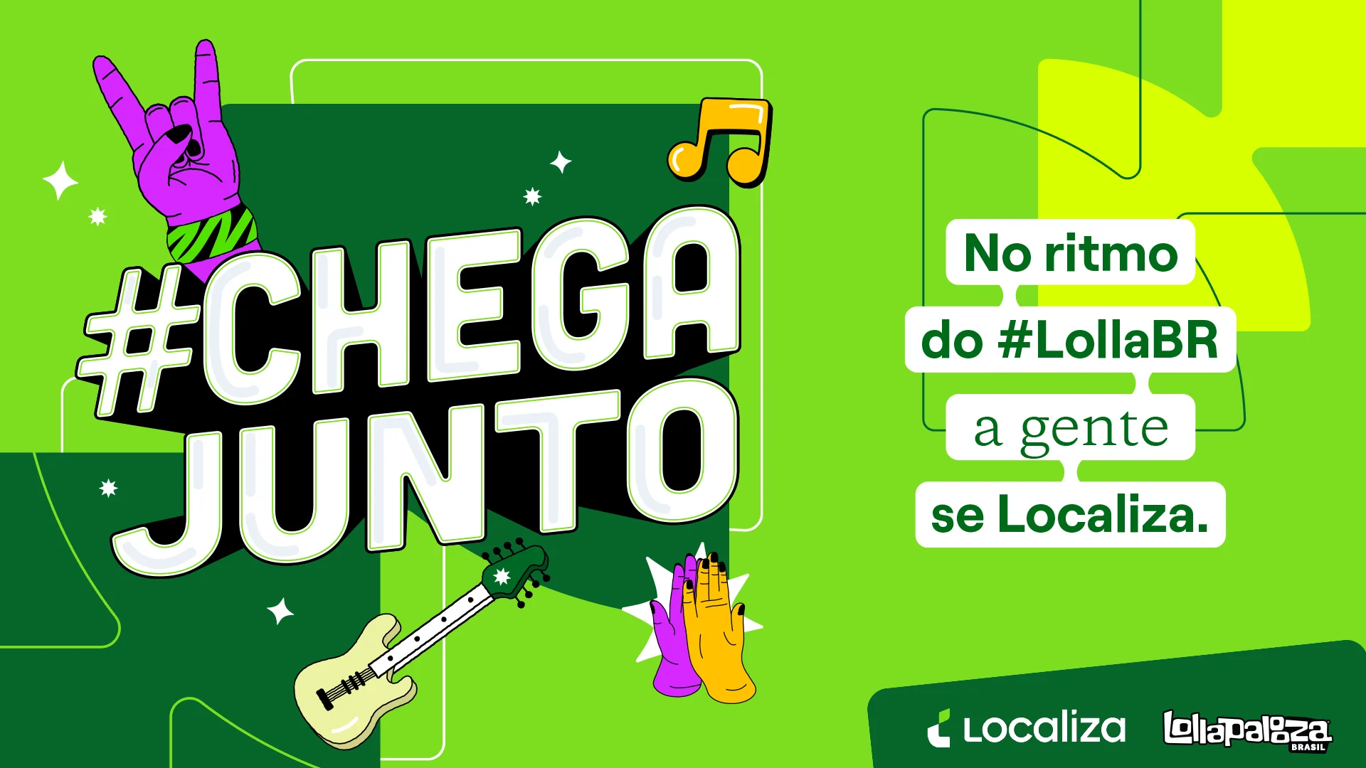 Key visual #ChegaJunto, com as marcas Localiza e Lollapalooza Brasil