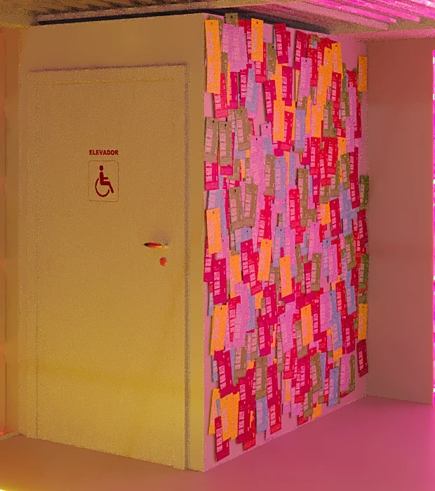 Detalhe da parede de Jelly Tags ao lado do elevador, no mezanino