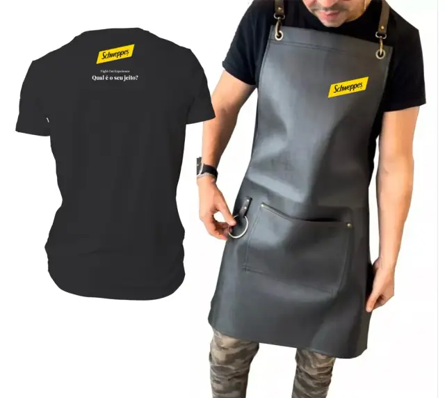 O uniforme do Glass Corner: camiseta e avental Schweppes