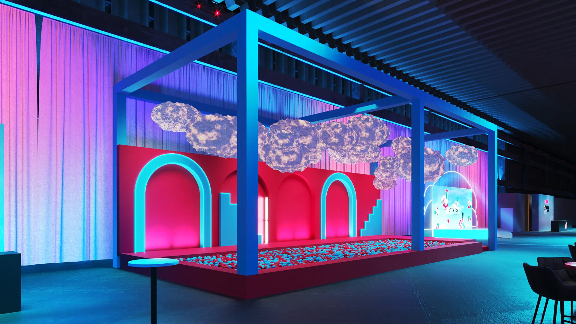 Render: after party com piscina de bolinhas sob nuvens suspensas