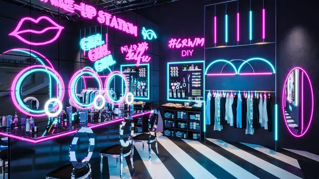 O closet, com espelhos iluminados e araras