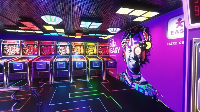 Rota Easy Arcade: fileira de máquinas personalizadas diante do KV