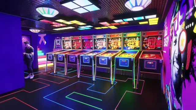 Rota Easy Arcade: corredor de pinballs, teto colorido e linhas de neon