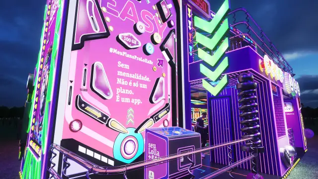 Rota Easy Arcade: tampo do pinball gigante com a mensagem do produto