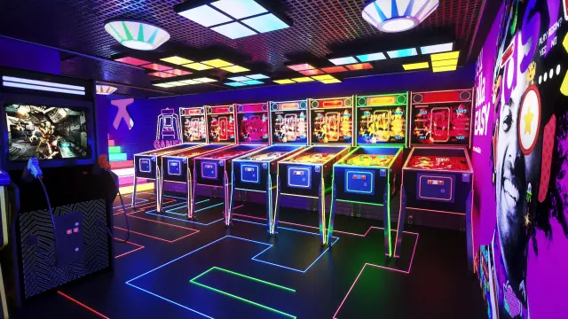 Rota Easy Arcade, primeira versão: corredor de pinballs, teto colorido e linhas de neon