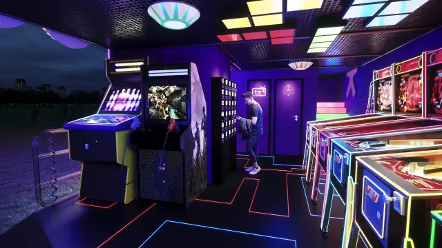 Rota Easy Arcade, primeira versão: interior com corredor e acesso