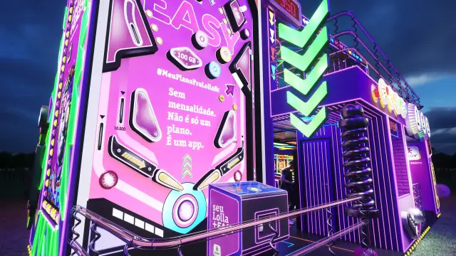Rota Easy Arcade, primeira versão: tampo do pinball gigante com a mensagem do produto