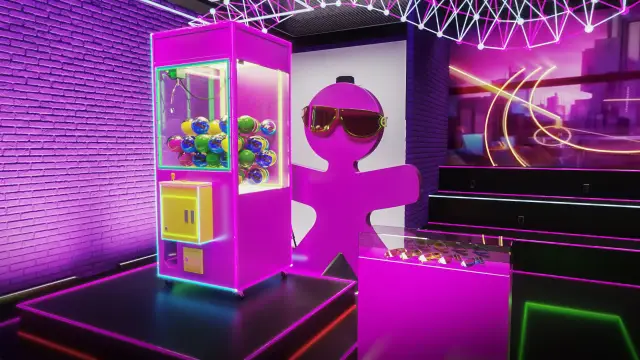 Glow Lounge, primeira versão: claw machine, boneco Vivo de óculos e parede da assinatura